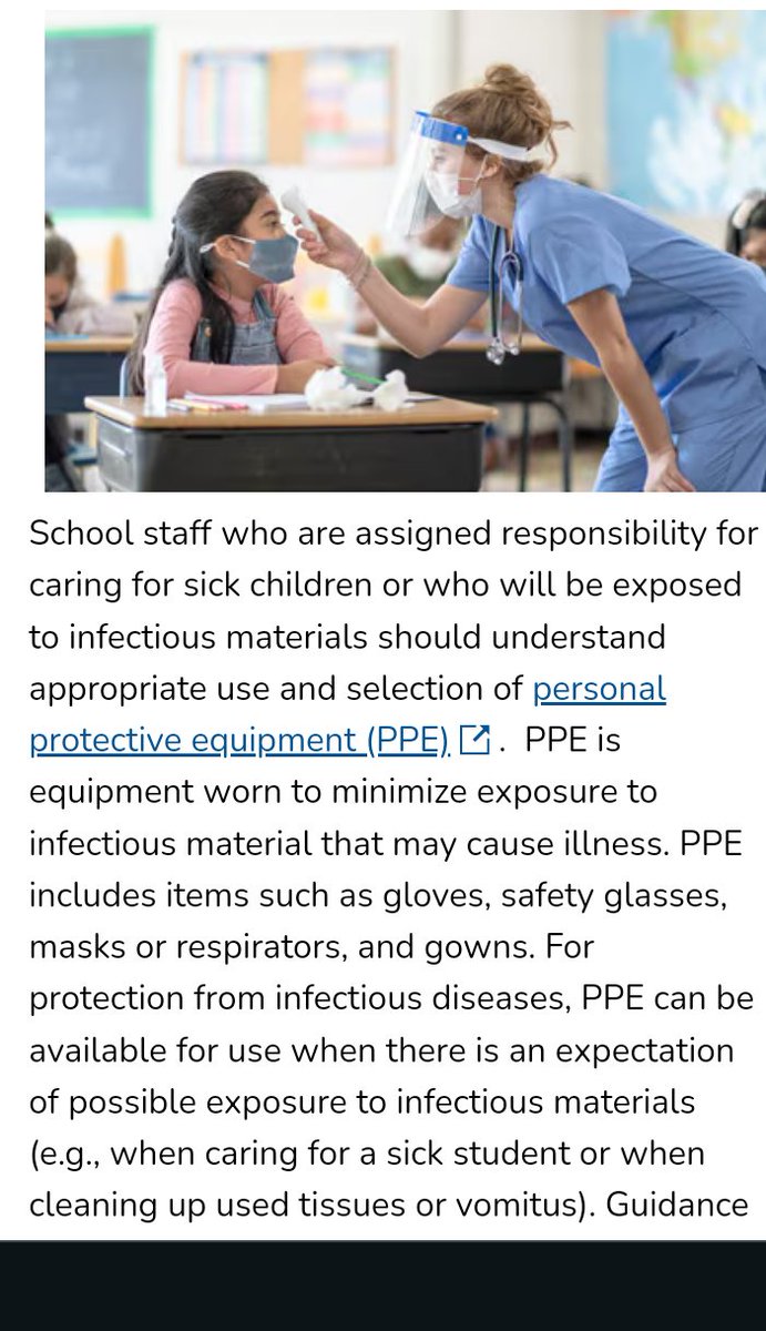 CDCの例の学校向けガイダンスでは、病気の子どもの世話や嘔吐物の清掃等をする際には、
・手袋
・アイガード
・マスク
・ガウン
等の「個人用保護具 (PPE)」を適切に使用するよう(かなりの熱量で)解説していて、ビビる(下図)。
🔗CDC
cdc.gov/orr/school-pre…
(ー_ー;)そーゆーこと…だよね？