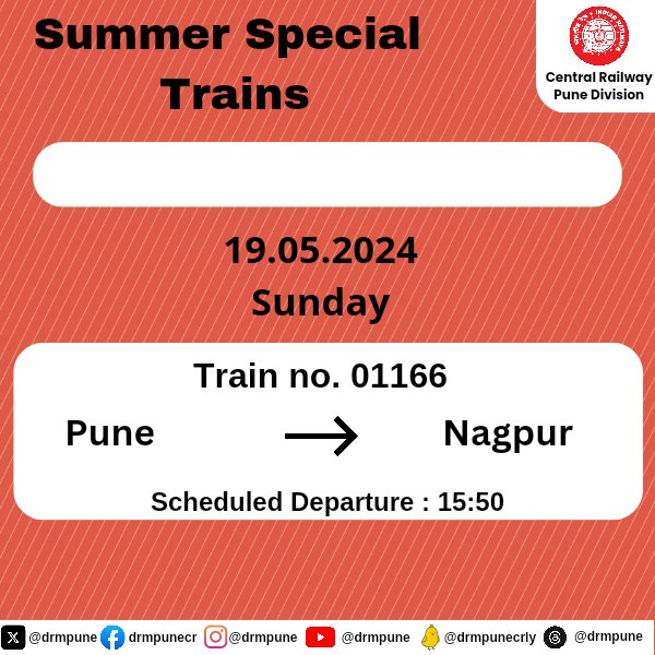 CR-Pune Division Summer Special Train from Pune to Nagpur on May 19, 2024.

Plan your travel accordingly and have a smooth journey.

#SummerSpecialTrains 
#CentralRailway 
#PuneDivision