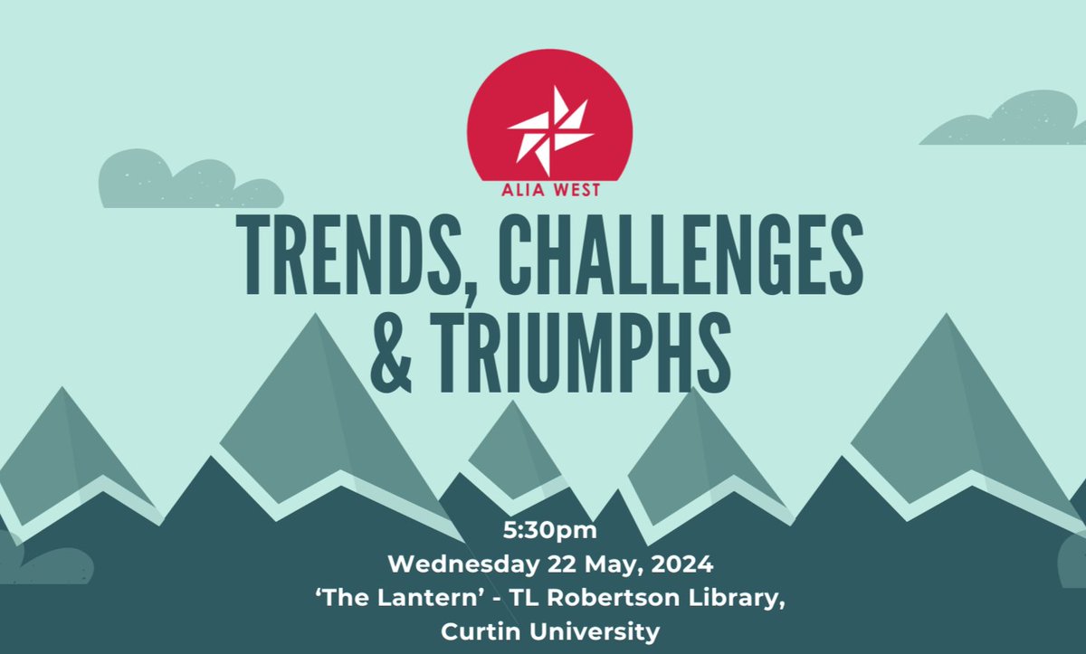 3 Days to Go:
🚀 Only 3 days left! 🚀

Join us at The Lantern, Curtin Uni Library, May 22 @ 5:30 PM for discussions &amp; networking. Optional library tours start at 4:45 PM, &amp; free parking  available 4:30 PM.

Secure your spot now! alia.org.au/EventDetail?Ev…

#ALIAwest