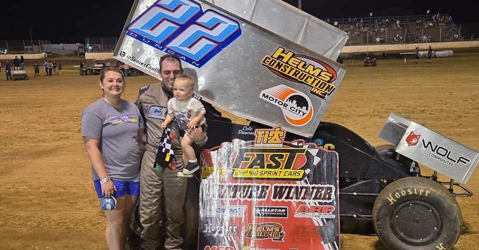 Fast Winged 410 Sprint Cars feature winner Cole Duncan