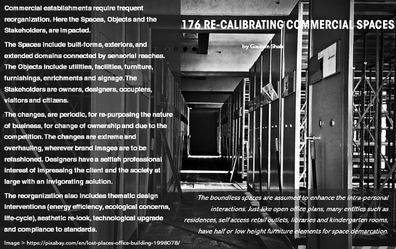 176 RE-CALIBRATING COMMERCIAL SPACES
 (MAY 2018 Gautam Shah) htps://designsynopsis.wordpress.com/2018/05/23/176-re-calibrating-commercial-spaces/ Commercial establishments require frequent reorganization. Here the Spaces, Objects and the Stakeholders, are impacted.