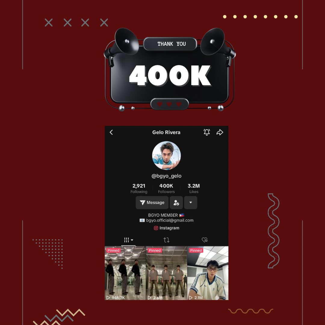 To our dearest, @BGYO_Gelo Happy 400k followers on tiktok! 🎉

To more dance challenge, viral videos and followers to come! You deserve it so much! ❤️

#BGYO #BGYO_Gelo #GeloRivera