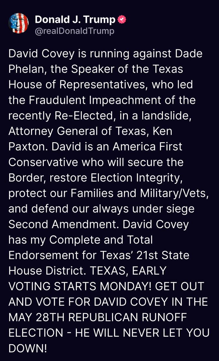 David Covey is running against Dade Phelan, the Speaker of the Texas House of Representatives, who led the Fraudulent Impeachment of the recently Re-Elected, in a landslide, Attorney General of Texas, Ken Paxton. David is an America First Conservative who will secure the Border,