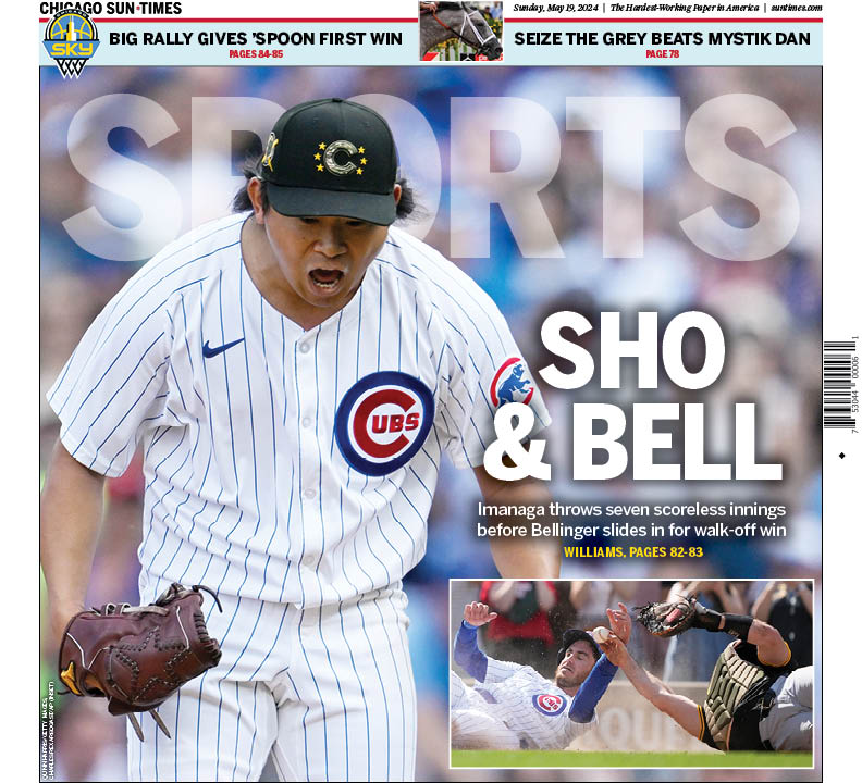 The @suntimes_sports cover, featuring the #Cubs, who won in dramatic fashion, thanks to Shota Imanaga & Cody Bellinger, by @K_Williamsmedia. trib.al/9uulqMk