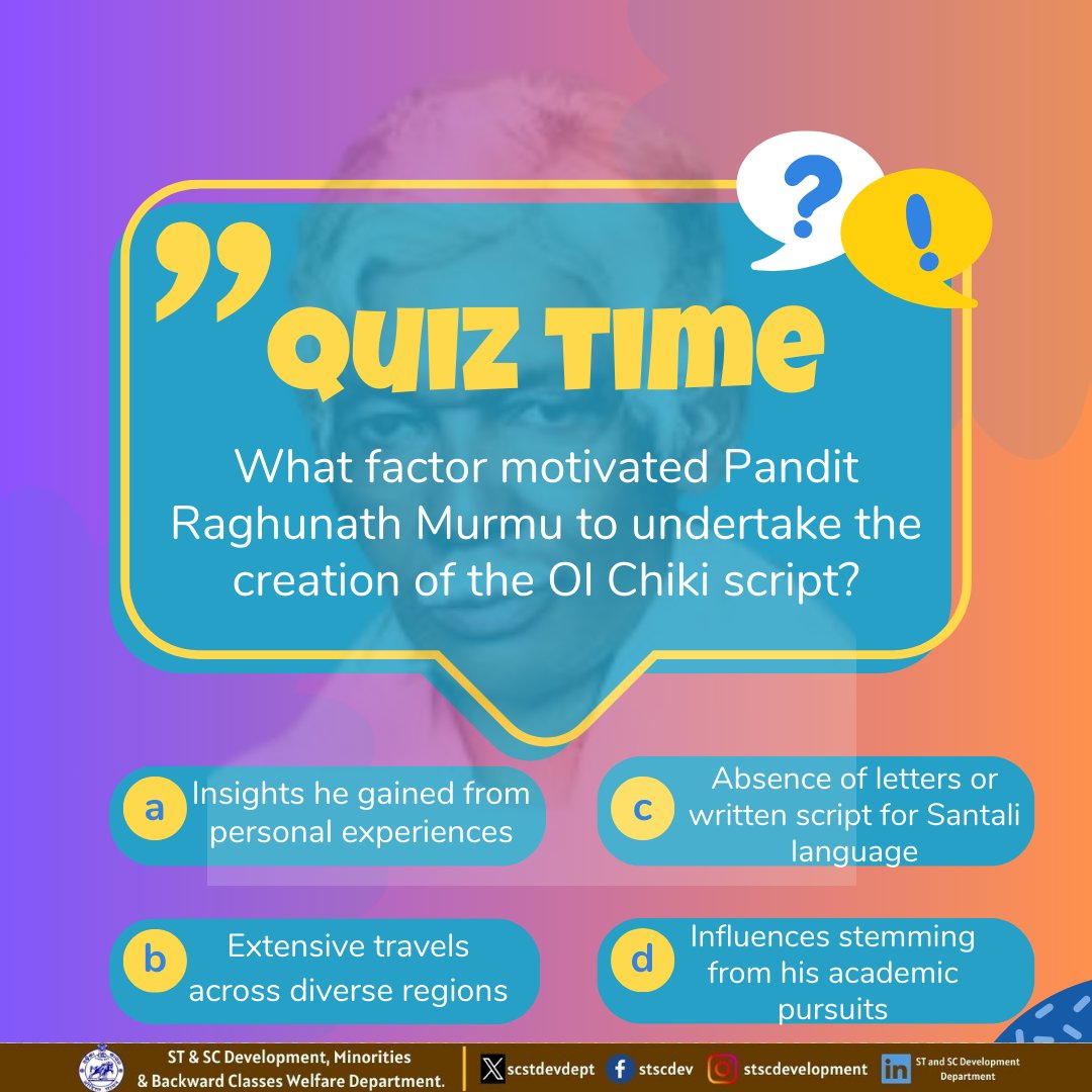 Ready to test your knowledge on Pandit Raghunath Murmu and the Ol-Chiki script? Take this quiz and see how much you know about this fascinating aspect of Odisha’s cultural heritage!  #PanditRaghunathMurmu #OlChikiscript #KnowYourTribals #OdishaTribals