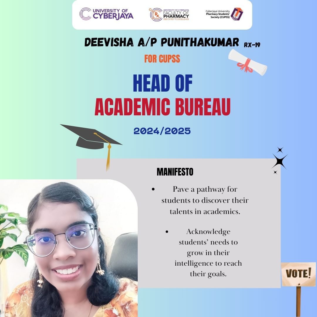 Salam and Greetings Pharmily!✨ We are pleased to announce the nominees for CUPSS HOB of Academics 2024/2025!🥳🎉 We wish you all the best and good luck.🥰 Best Regards, CUPSS 2023/2024