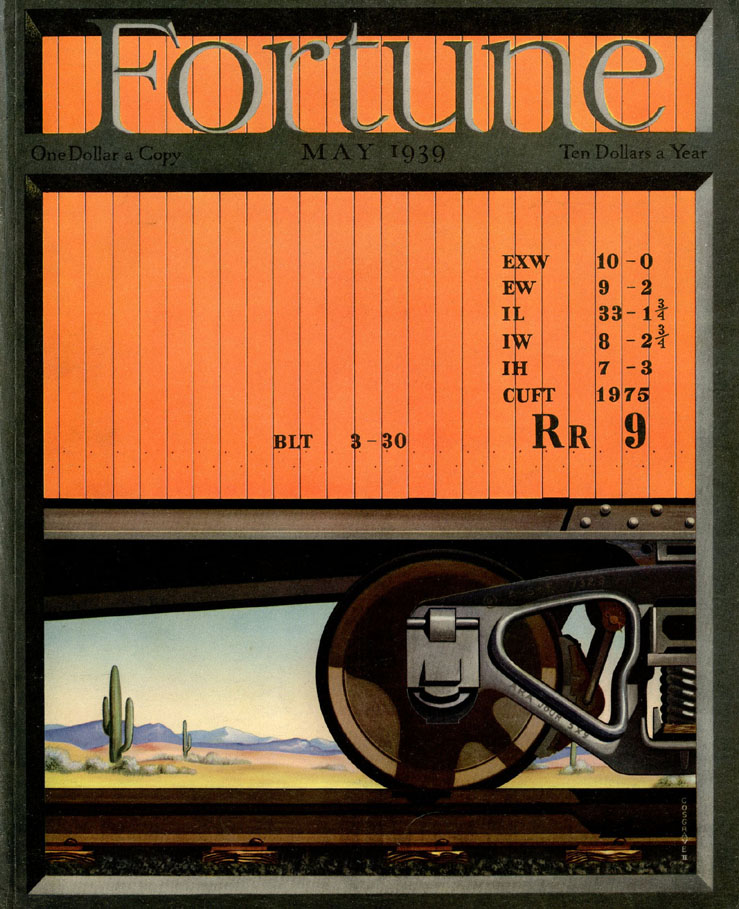 #Fortune for #MAY 1939
🧵👇
Cover of Fortune magazine, May 1939
Illustration by John O'Hara Cosgrave II (1908-1968)
👉ALT
#illustration #illustrationartists #illustrationart #graphicdesign #graphicdesigners #railroads #freighttrain #railtransport #JohnOHaraCosgraveII