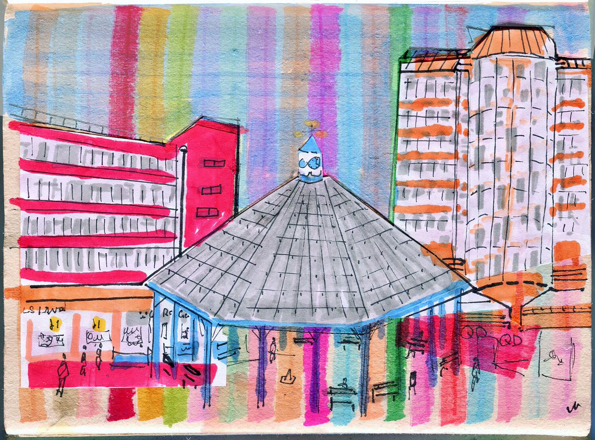 Playing around with colour, pattern and collage for this drawing of #AngliaSquare #Norwich #dailydrawing #urbanlandscape #ArtistonTwitter #ArtistonX #thedailysketch