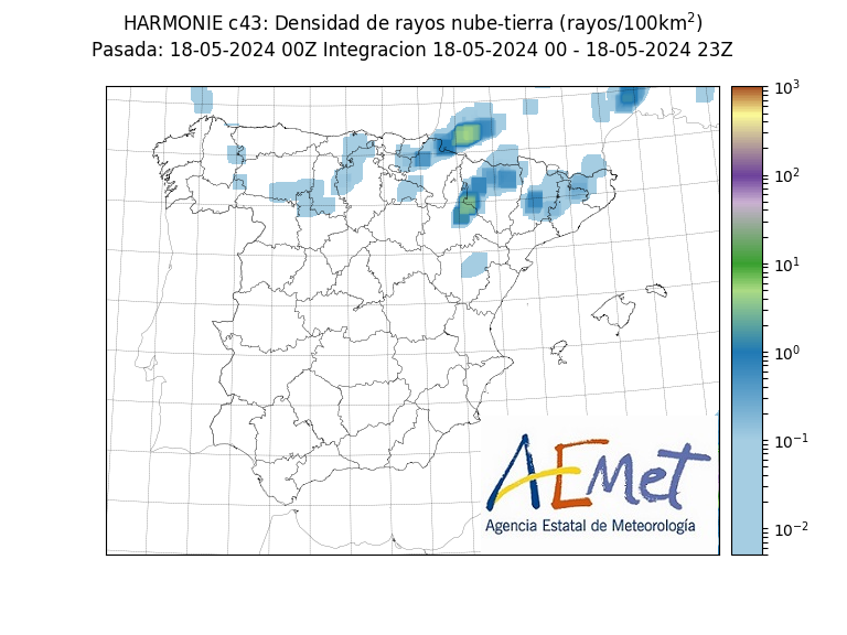 Las precipitaciones de ayer sábado, día 18, estuvieron acompañadas de tormenta. Rayos registrados, así como su densidad prevista y observada.