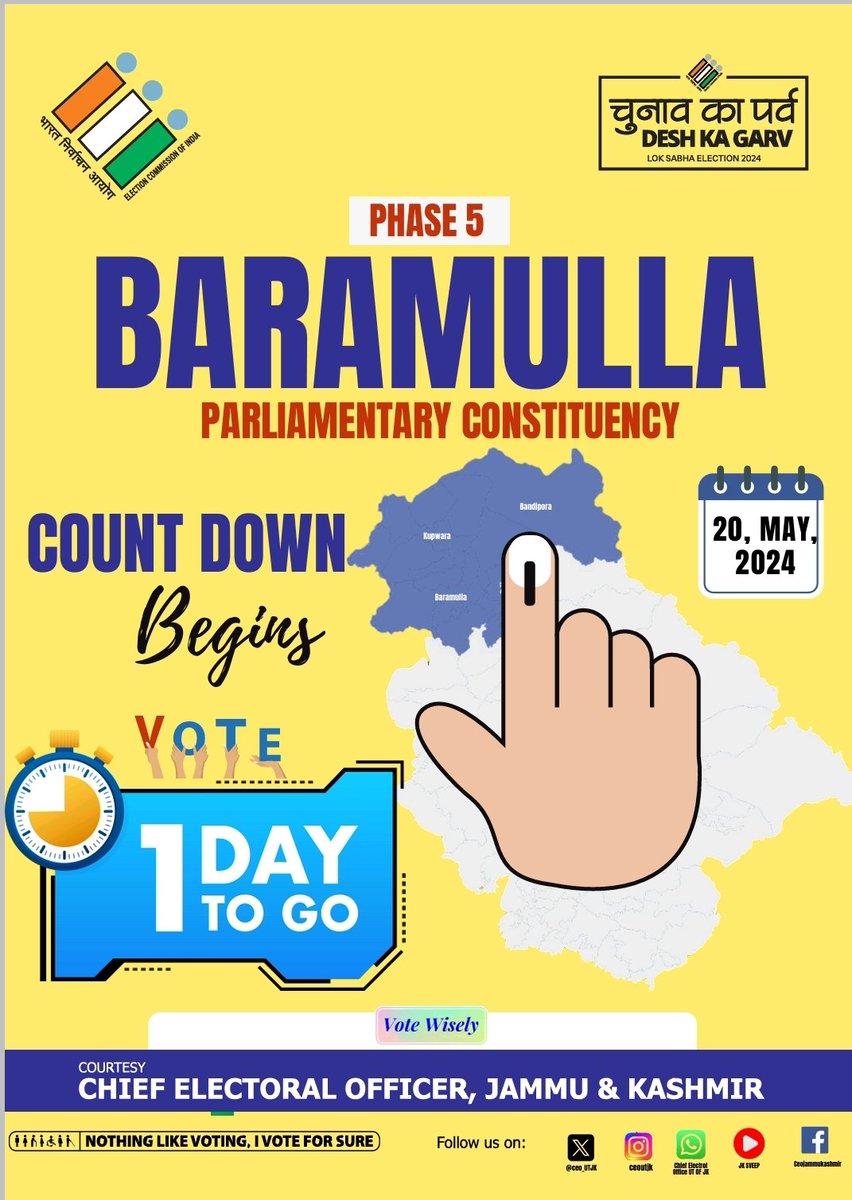 dcbandipora's tweet image. The #CountdownBegins! Make your voice heard, mark your calendars &amp;amp; let's shape the future together!  #Election2024 #PhaseV 

 @ECISVEEP  @SpokespersonECI @ceo_UTJK @diprjk @airnewsalerts

#LokSabhaElections2024          #NoVoterToBeLeftBehind #countdownbegins