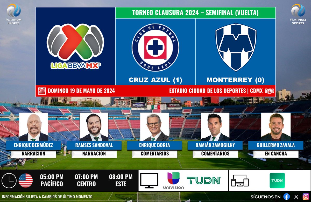 ⚽️ #LigaBBVAMX 🇲🇽 | #CruzAzul vs. #Monterrey 🇺🇸📺 @Univision / @TUDNUSA 🎙️ @enriquebermudez 🎙️ @RamsesSandoval 🎙️ @EnriqueBorja9 🎙️ @RusoZamogilny 🎙️📝 @soymemozavala #LoNuestroEsElFutbol - #LiguillaEnTUDN