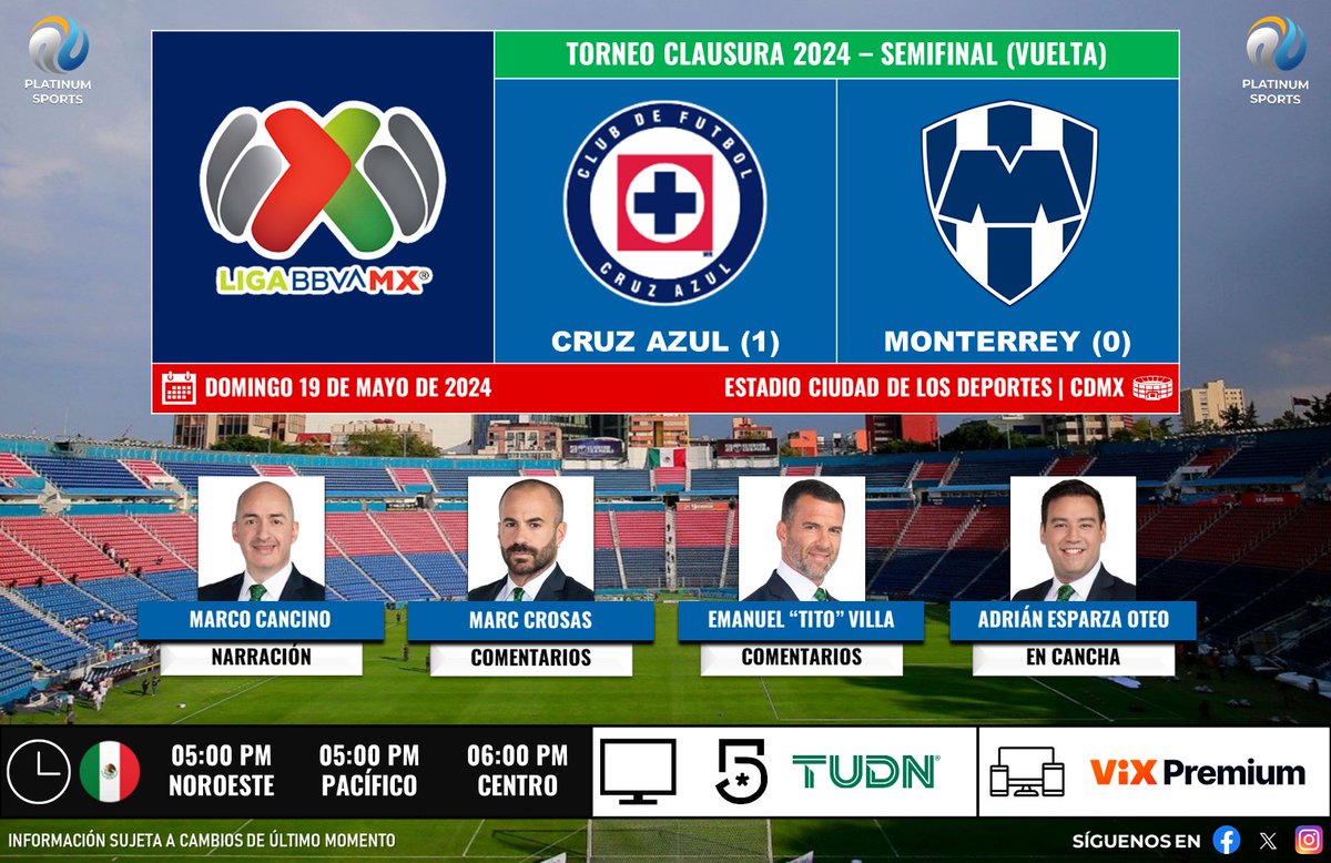 ⚽️ #LigaBBVAMX 🇲🇽 | #CruzAzul vs. #Monterrey 🇲🇽📺 @MiCanal5 / @TUDNMEX 🎙️ @MarcoCancino 🎙️ @marccrosas 🎙️ @TitoVilla1982 🎙️📝 @A_EsparzaOteo #MegaFutbol - #LiguillaEnTUDN