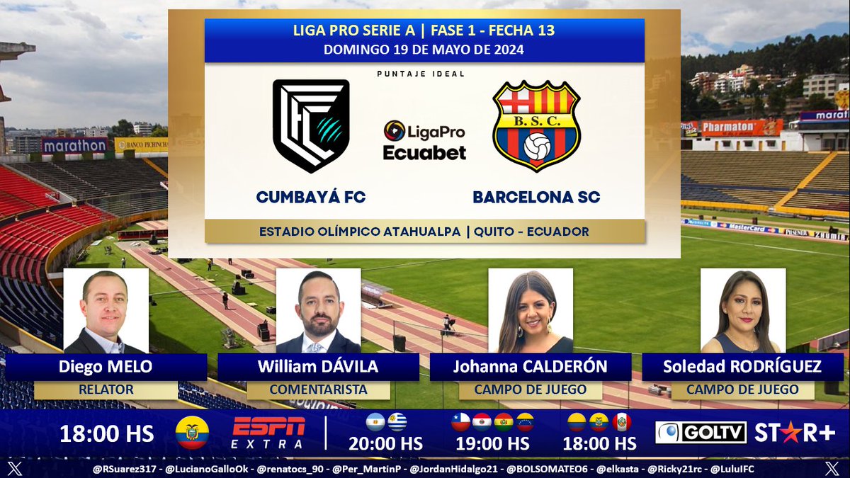 ⚽ #LigaProEcuabet 🇪🇨 | #Cumbayá vs. #BarcelonaSC
🎙 Relator: @diegomeloperez 
🎙 Comentarista: @WilliamDavilaB
⛳️ Campo de juego: @johacalderon11 - @sol_deportiva
📺 #ESPNExtra 🇪🇨
📺 #GolTV Latinoamérica
💻📱@StarPlusLA
🤳 #LIGAPROxESPN - #ESPNenStarPlus
Dale RT 🔃