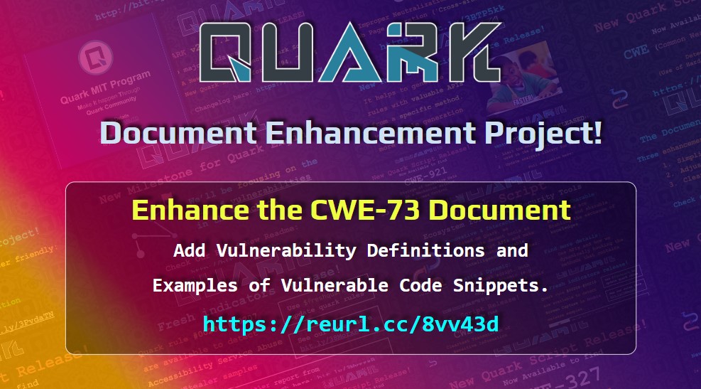 🎉 Document Enhancement Project!

📚 We have enhanced the CWE-73 documents with definitions of vulnerabilities and examples of vulnerable code snippets.

🙏 Thanks to @ZhiHTsai for the contribution

🔗 Check:  reurl.cc/8vv43d

#InfoSec #Vulnerability #AndroidSecurity