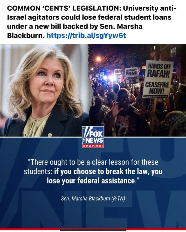 'There ought to be a clear lesson for these students: if you choose to break the law, you lose your federal assistance.' ~Sen. Marsha Blackburn (R-TN)