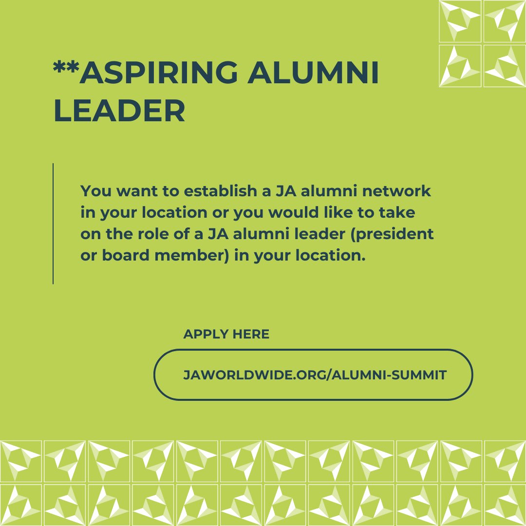 ** LAST CHANCE ** DEADLINE: May 20 Apply now for the full-ride Alumni Leaders Scholarship! Let’s EMERGE together in sunny Porto Aug 22–25. Alumni leaders can also join the Alumni Leaders Academy Global training on Aug 21: jaworldwide.org/alumni-summit