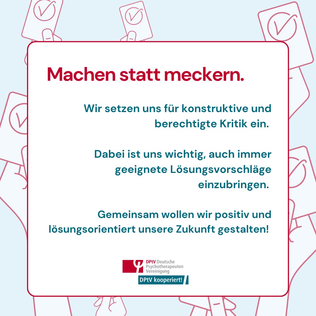 🔹 Wir setzen uns für konstruktive und berechtigte Kritik ein. Dabei ist uns wichtig, auch immer geeignete Lösungsvorschläge einzubringen. Gemeinsam wollen wir positiv und lösungsorientiert unsere Zukunft gestalten! 💬✨ #ptknrw2024 #dptvkooperiert #dptv #Psychotherapie