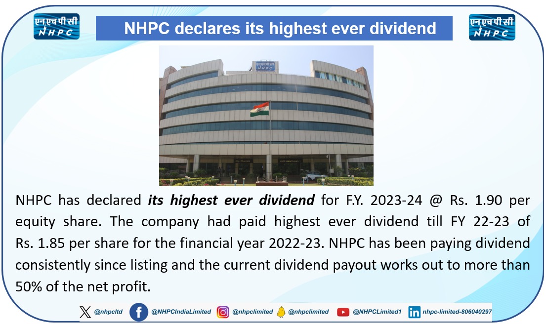 #NHPC declares its highest ever dividend
#highestdividend #hydropower #renewableenergy #nhpclimited @MinOfPower @PIB_India