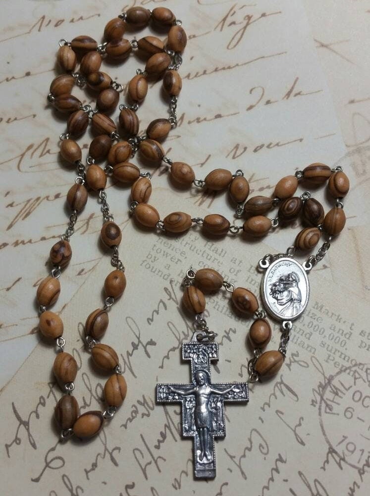 St. Anthony Rosary with Olive Wood Beads from Jerusalem Silver San Damiano Crucifix Relic tuppu.net/abf032b2 #PennysRosaries.etsy.com #JesusIsKing #Crucifix