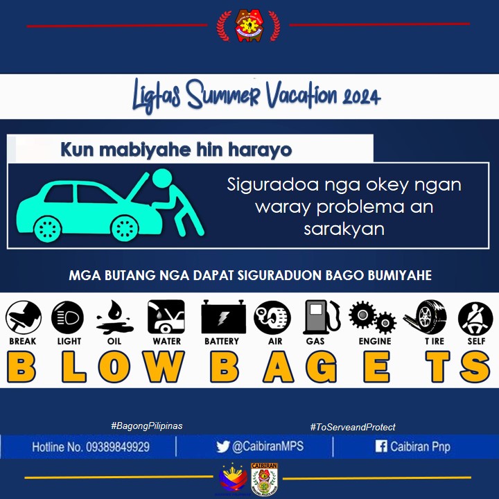 LIGTAS SUMVAC 2024 I Travel Safety Tips

'𝑆𝑎 𝐵𝑎𝑔𝑜𝑛𝑔 𝑃𝑖𝑙𝑖𝑝𝑖𝑛𝑎𝑠, 𝑎𝑛𝑔 𝐺𝑢𝑠𝑡𝑜 𝑛𝑔 𝑃𝑢𝑙𝑖𝑠, 𝐿𝑖𝑔𝑡𝑎𝑠 𝐾𝑎!'

#BagongPilipinas
#ToServeandProtect
#CaibiranMunicipalPoliceStation