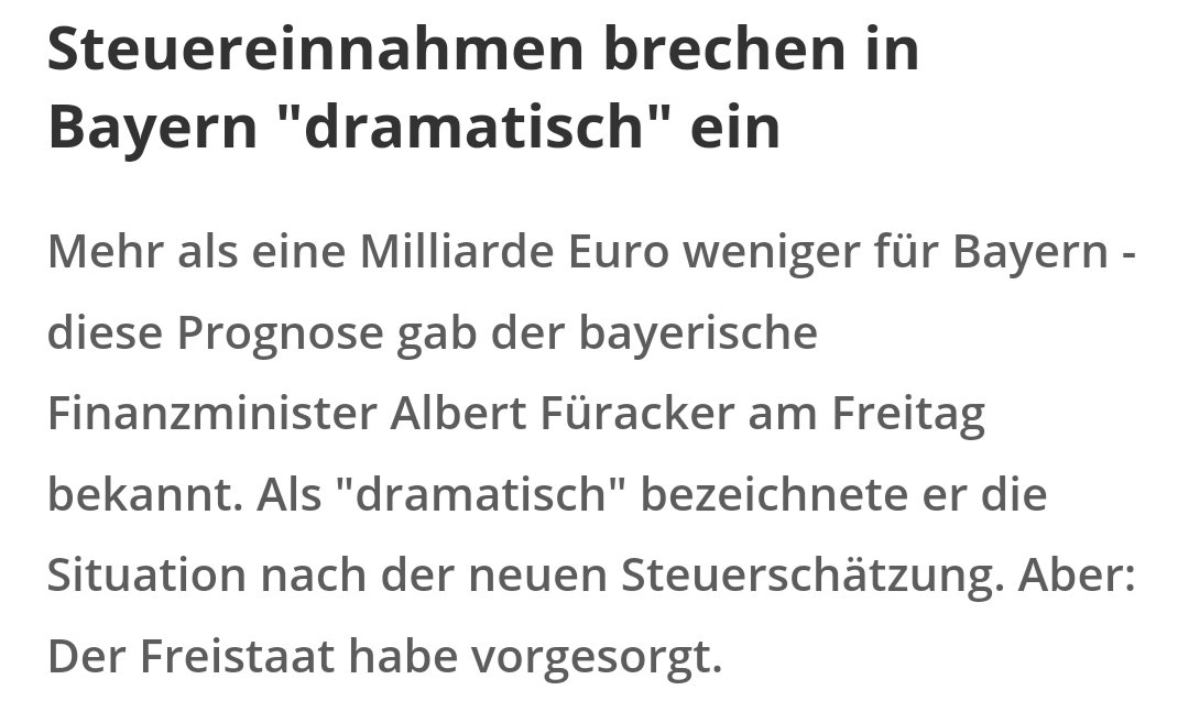 #Schuldenbremse durchdrücken => wirtschaftlicher Abschwung => geringere Steuereinnahmen

In Bayern brechen die Steuereinnahmen um 1,1 Mrd. € ein. Dieses Jahr 600 Mio. € weniger, nächstes Jahr 500 Mio €. Dagegen tun will die @CSU wenig und schichtet lediglich Geld um.
/PM