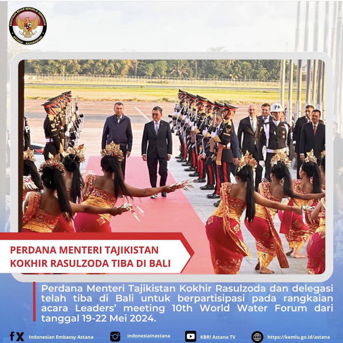 Bersama Menteri Energi & SDM Arifin Tasrief di Bali menyambut Perdana Menteri Tajikistan Kokhir Rasulzoda yang berpartisipasi pada acara Leaders’ meeting 10th #WorldWaterForumBali ~ #DubesRIKazakhstanTajikistan #inidiplomasi @Kemlu_RI @jokowi #Bali #Indonesia #rintiskemajuan