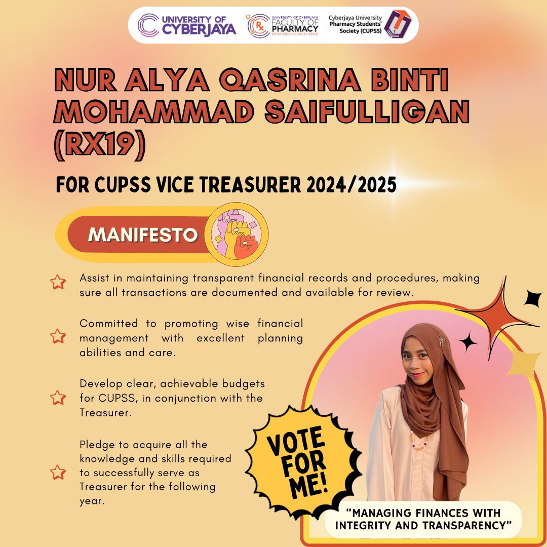 Salam and Greetings Pharmily!✨ We are pleased to announce the nominees for CUPSS Vice Treasurer 2024/2025!🥳🎉 We wish you all the best and good luck.🥰 Best Regards, CUPSS 2023/2024