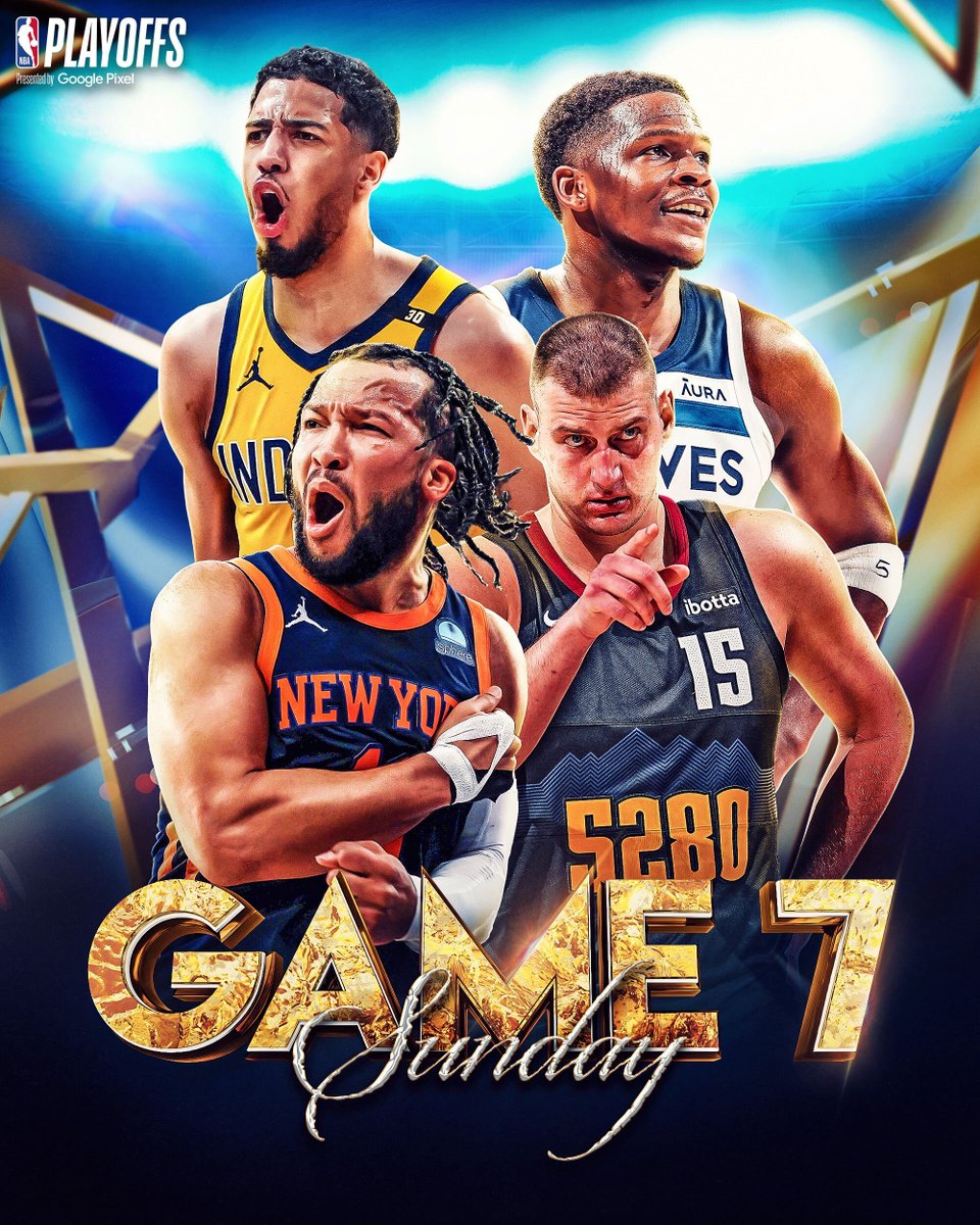 🍿 GAME 7 SUNDAY 🍿 Pacers vs. Knicks - 3:30pm/et on ABC Timberwolves vs. Nuggets - 8:00pm/et on TNT Winners advance to the Conference Finals. Who ya got?