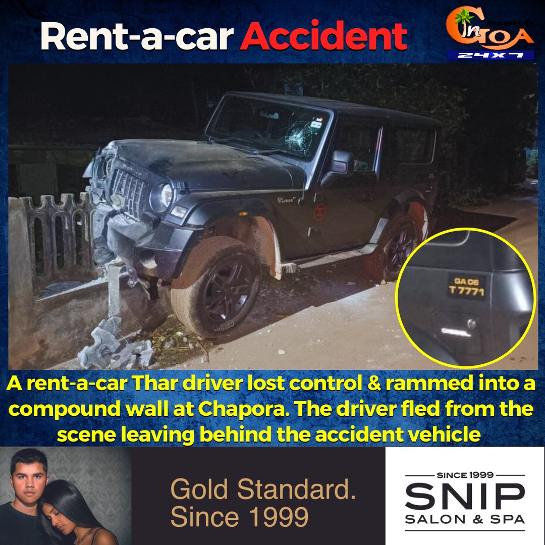 A rent-a-car Thar driver lost control & rammed into a compound wall at Chapora. The driver fled from the scene leaving behind the accident vehicle #Goa #GoaNews #accident #Thar #Chapora