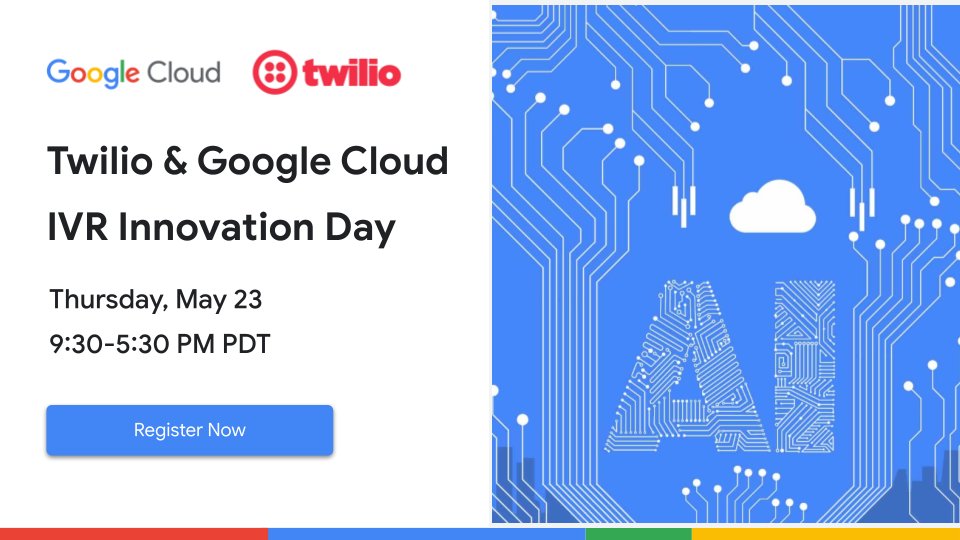 Calling all innovators! Join @twilio and Google Cloud for IVR Innovation Day on May 23 in San Francisco! Bring a team from your organization to solve your biggest business problems and build better IVRs. Register now → goo.gle/44LuI5S