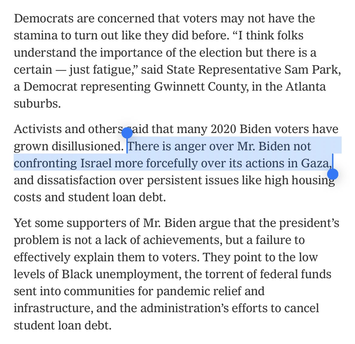 classic patronizing NYT understatement here. Arming, funding, providing military/intel and vetoes at the UN all in support of what 56% of Democratic voters considering genocide is not “anger over Mr. Biden not confronting Israel more forcefully over its actions in Gaza”.