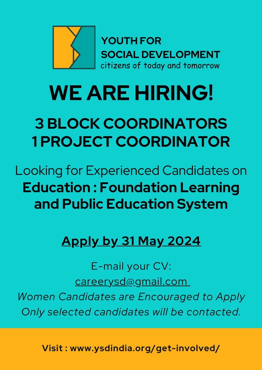 We are hiring! 1. Block Coordinator-Education 2. Project Coordinator-Education Experience in Foundation Learning and Public Education System Location: Ganjam, Odisha Apply by : 31 May, 2024 For more details to apply, please visit : ysdindia.org/get-involved/