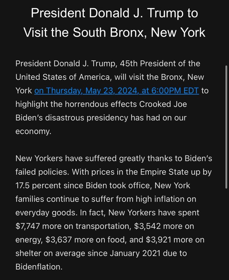 🚨THIS WEEK on May 23rd President Trump will visit and give a speech in the South Bronx, NY “to highlight the horrendous effects Crooked Joe Biden’s presidency has had on our economy.” @realDonaldTrump #NYforTrump #Trump2024