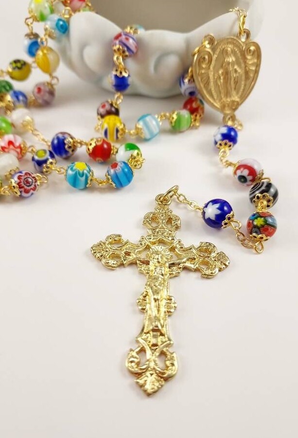 Multi-color Millefiori Rosary with Gold Miraculous Medal Center and Filigree Crucifix tuppu.net/f9bea072 #JesusIsKing #PennysRosaries.etsy.com #Mary