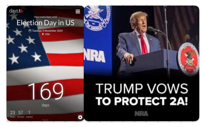 🚨169 Days Until Trump is Elected President 🚨 🇺🇸I can’t wait 🇺🇸 Pass it on 👉👉👉 The NRA has Endorsed President Trump for the 2024 election. He vows to protect our 2A rights! Anyone concerned with protecting our constitutional rights should do the same! #FJB #2A