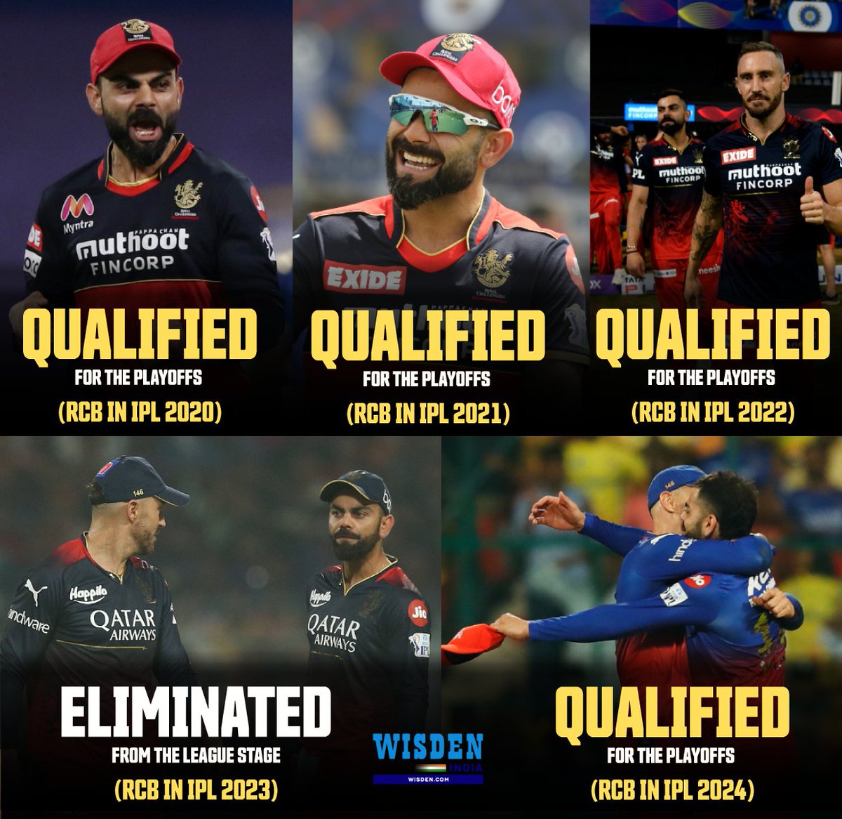 2020 - Qualified for the playoffs ✅ 2021 - Qualified for the playoffs ✅ 2022 - Qualified for the playoffs ✅ 2024 - Qualified for the playoffs ✅ RCB have qualified for the IPL playoffs four times in the last five years 🔥 #ViratKohli #FafduPlessis #RCB #RCBvsCSK #IPL2024