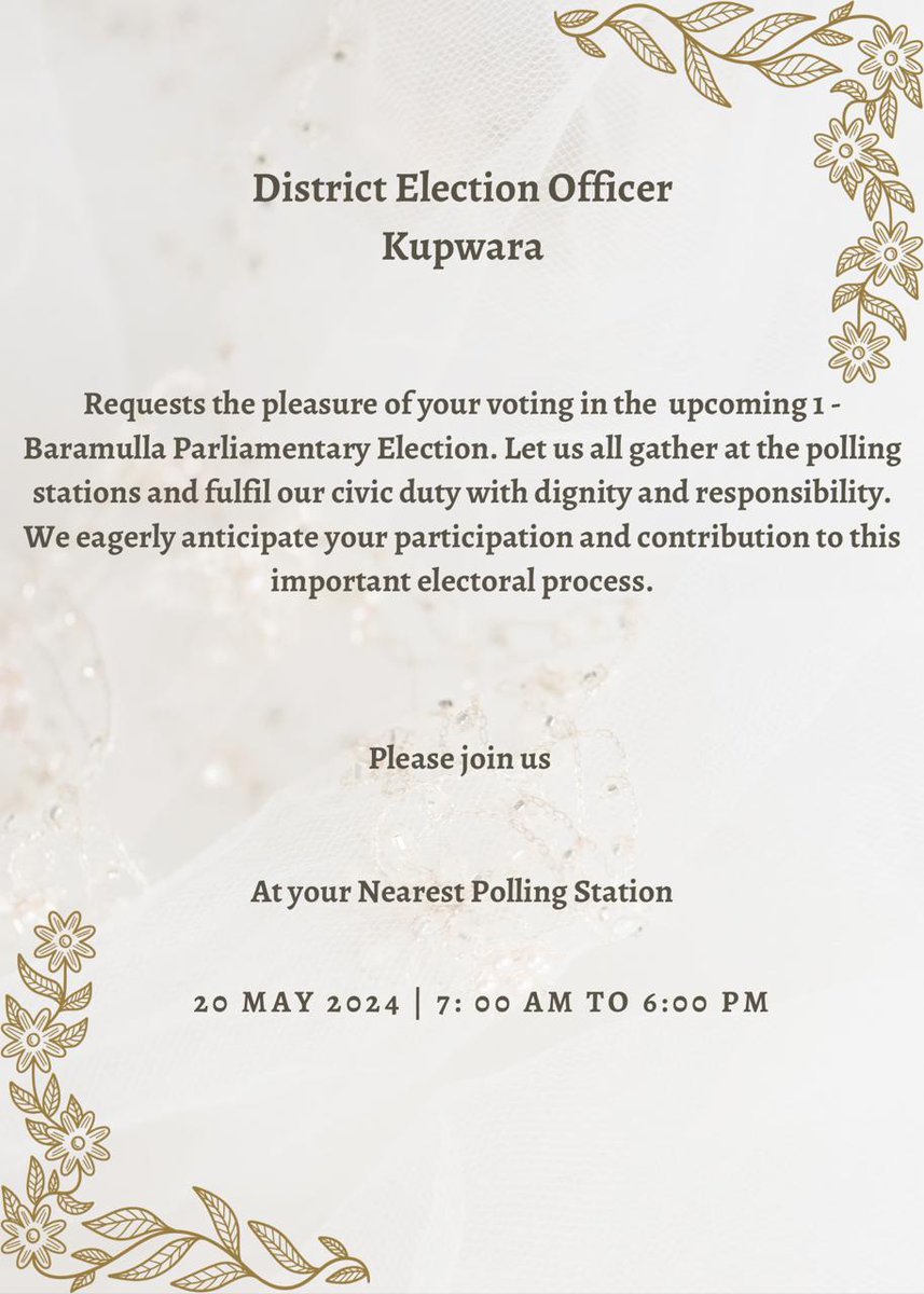 #LokSabhaElection2024

INVITATION

#ChunavKaParv #DeshKaGarv #IVote4Sure #NoVoterToBeLeftBehind 

<a href="/SpokespersonECI/">Spokesperson ECI</a> 
<a href="/OfficeOfLGJandK/">Office of LG J&K</a>
<a href="/ceo_UTJK/">CEO UT OF J&K</a>
<a href="/ECISVEEP/">Election Commission of India</a>
<a href="/DivComKash/">Divisional Commissioner Kashmir</a>
<a href="/dckupwara/">Deputy Commissioner Kupwara</a>
<a href="/diprjk/">Information & PR, J&K</a>
<a href="/SudanAyushi/">Ayushi Sudan</a>
<a href="/PIB_India/">PIB India</a>