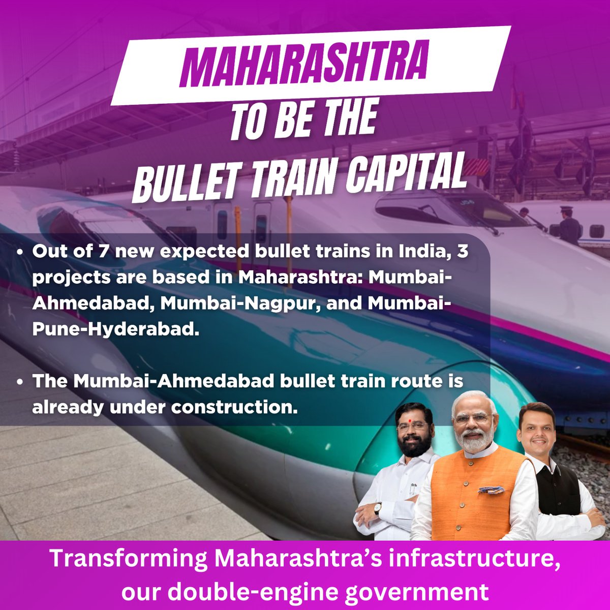 महाराष्ट्र हाई-स्पीड रेल परियोजनाओं में अग्रणी है! प्रधानमंत्री मोदी और मुख्यमंत्री एकनाथ शिंदे का प्रशासन 3 नए बुलेट ट्रेन मार्गों के साथ महत्वपूर्ण प्रगति कर रहा है। यह राज्य की कनेक्टिविटी और अर्थव्यवस्था के लिए एक गेम-चेंजर है।