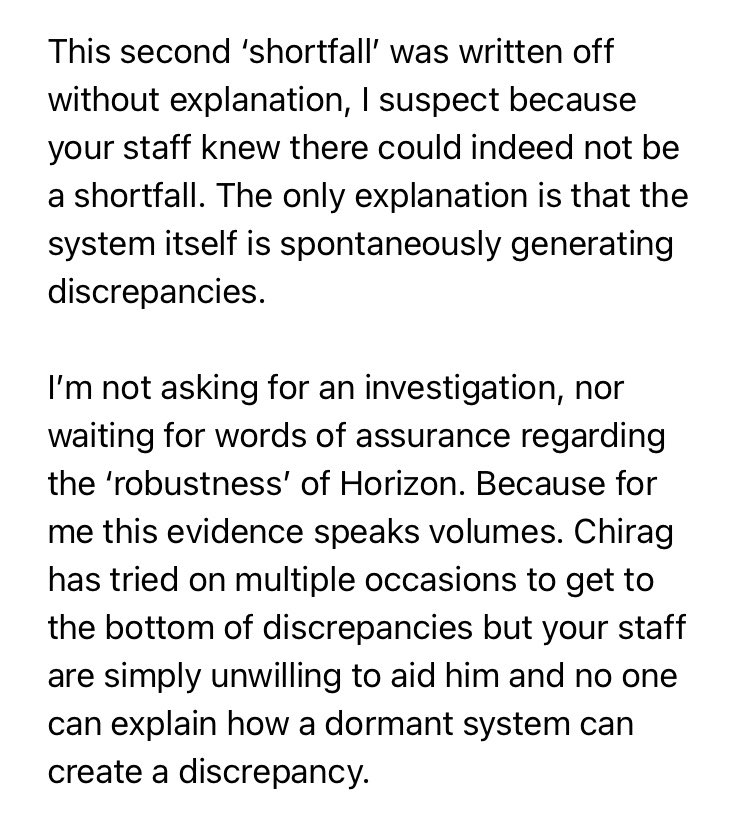1/4 In an email of 2019, just weeks before the Horizon Issues trial, I alerted Paula Vennells to Chirag’s second £5k ‘shortfall’ which arose during an 8 month branch closure when the Horizon system was dormant & the safe remained sealed: