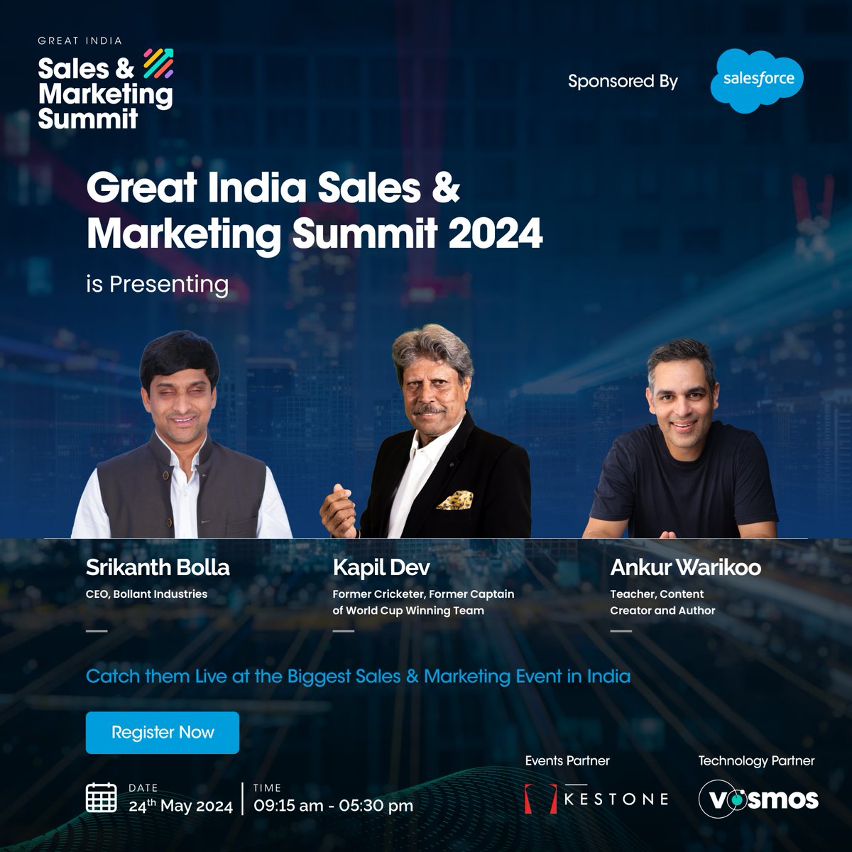 Here are the leading voices who will educate, inspire, and challenge conventional leadership this May 24th! Visit bit.ly/4a9BhjN to register today! 📅 24th May 2024 ⏰ 09:15 am - 05:30 pm #Salesforce #GISMS2024 #GreatIndiaSummit #KapilDev #AnkurWarikoo #SrikanthBolla