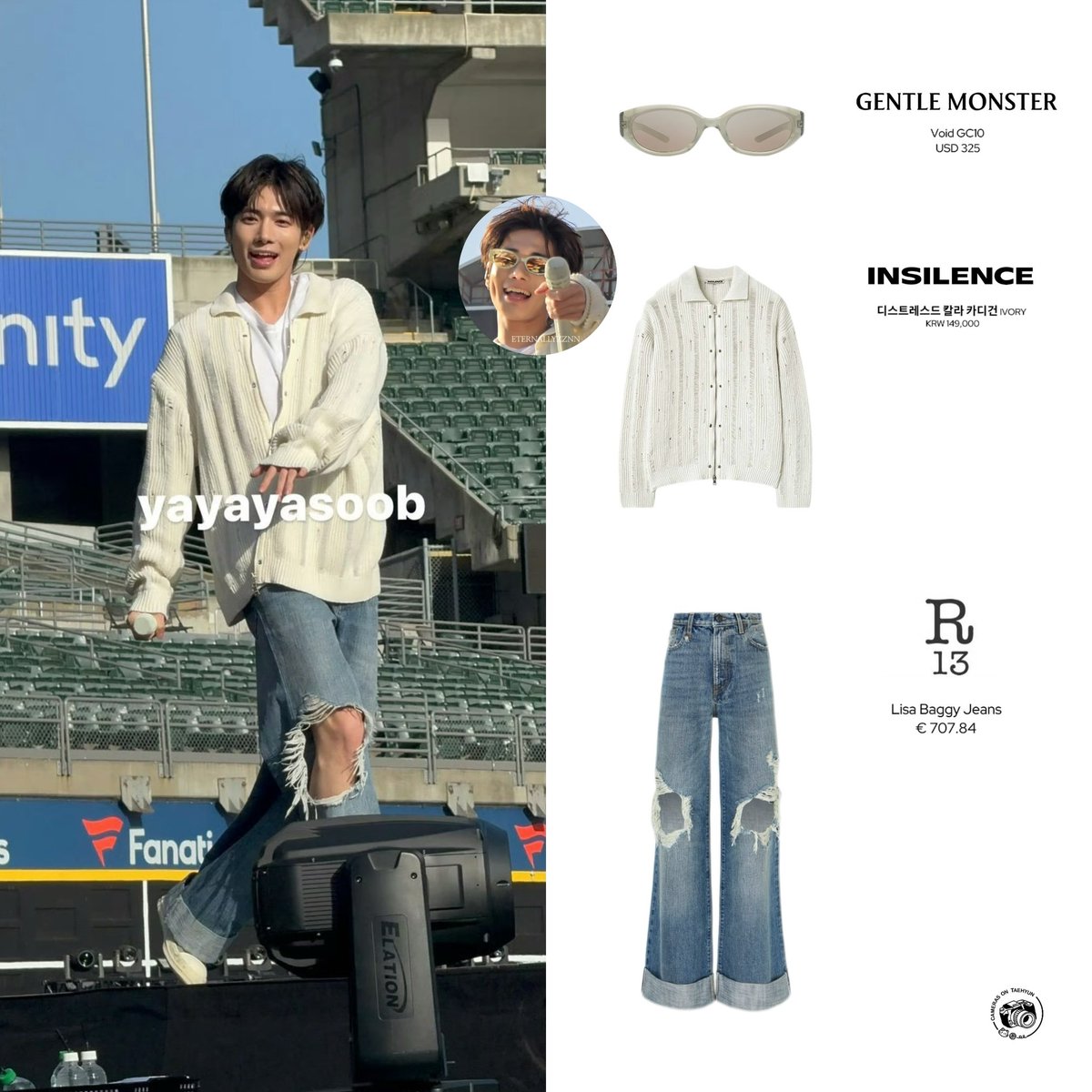 🐿️240519 ｜OKALAND Sound Check 

▫️SUNGLASSES <GENTLE MONSTER>
Void GC10
💰USD 325

▫️OUTWEAR <INSILENCE>
디스트레스드 칼라 카디건 IVORY
💰KRW 149,000

▫️PANTS <R13>
Lisa Baggy Jeans
💰€707.84 

#태혀 #TAEHYUN #taehyunclosete #style_taehyun