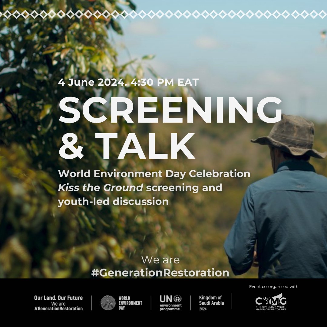 One way to be part of #GenerationRestoration is by joining an online youth-led discussion for #WorldEnvironmentDay!

Join a screening of 'Kiss the Ground' and discuss land restoration & more with young people.

Limited spots are available. RSVP: decadeonrestoration.org/events/world-e…
