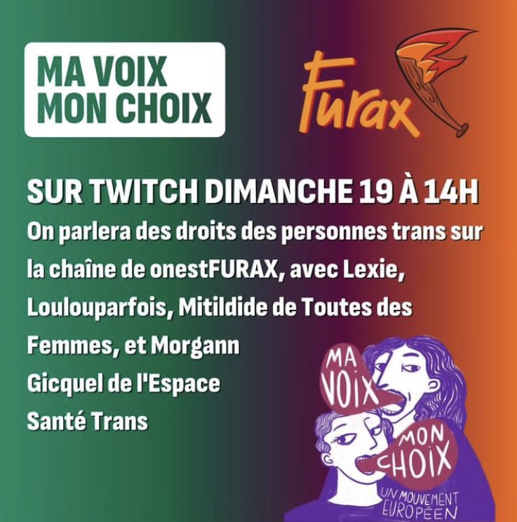 On se retrouve à 14h sur la chaîne Twitch de FURAX pour continuer la campagne #MaVoixMonChoix. 

Aujourd’hui on parlera IVG et droits des personnes trans 🏳️‍⚧️

@ToutesDesFemmes