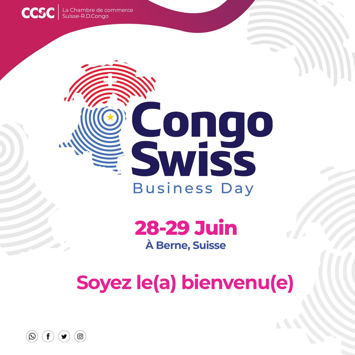 Découvrez le futur du business entre la #RDC 🇨🇩 et la #Suisse 🇨🇭 au #CongoSwissBusinessDay 2024 ! 
🗓️ RDV les 28 et 29 juin à #Berne 🇨🇭 pour connecter, explorer et innover. 
Rencontres, opportunités, inspiration 
- ne manquez pas cet événement incontournable. #CSBD2024 
🇨🇩🤝🇨🇭