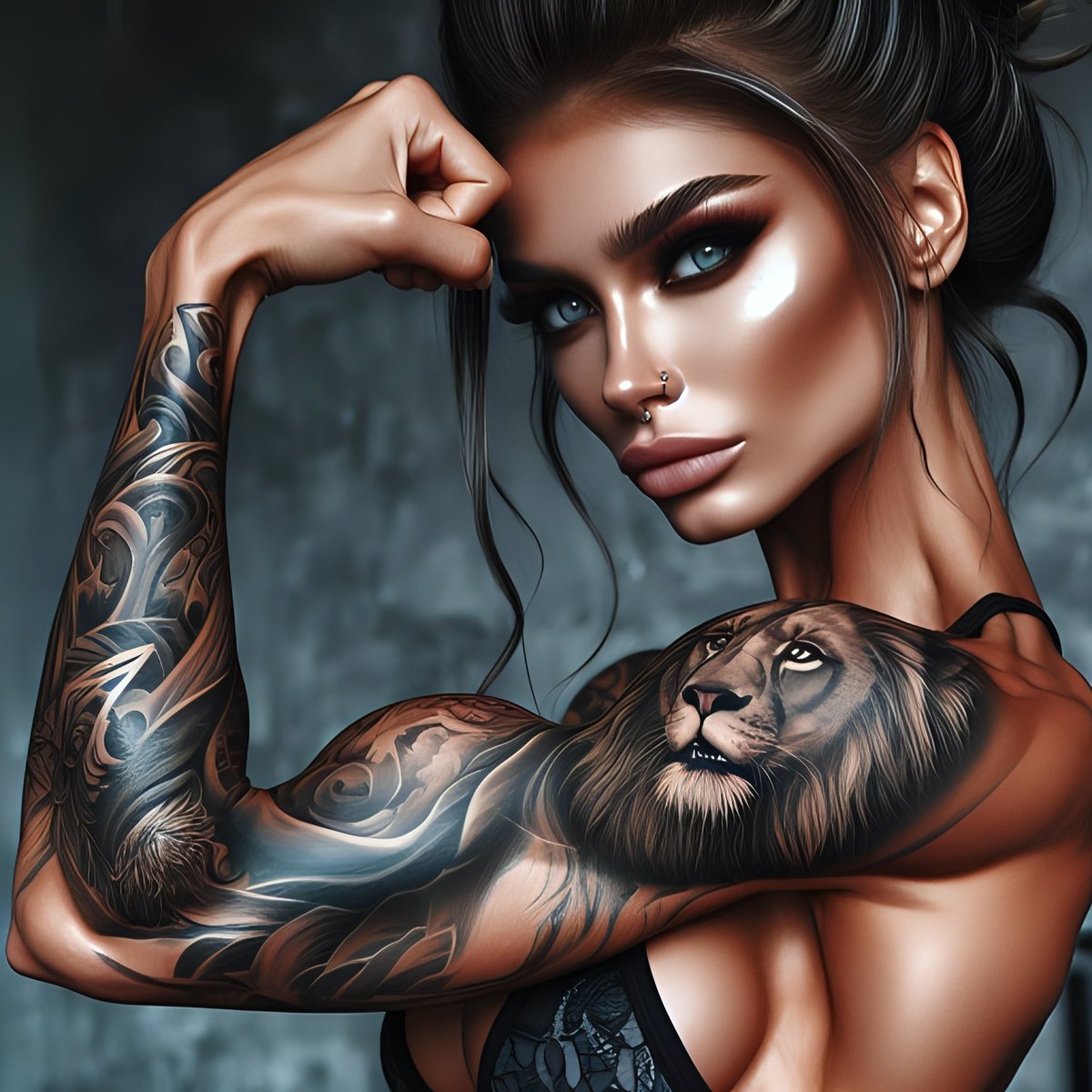 Embracing the strength within, channeling my inner lioness 🦁✨ #BodyArt #LionTattoo #Strength #ProfessionalBodyPainting 🆀🆃 ♻ Share Your 𝗧𝗮𝘁𝘁𝗼𝗼 Art. #MakeArtSmiles 🤜🤛🏼 ☞ 𝗔𝗟𝗧. Tattoo Lovers 𝗔𝗹𝗯𝘂𝗺. #Prompt 𝗦𝗵𝗮𝗿𝗲.