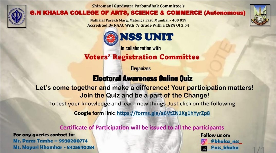 Join our online quiz by our Voters' Registration Committee & NSS Unit!🎉📝
🔍Objectives:
1️⃣Motivate voters🗳️
2️⃣Encourage voting rights🗳🙌
🌟Why join?
📜Certificate of participation!
📚Test & expand your knowledge!
🇮🇳Be a responsible citizen!
Quiz Link: docs.google.com/forms/d/e/1FAI…