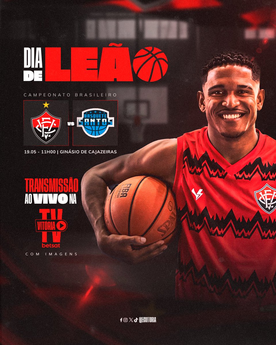 HOJE TEM BASQUETE! 🦁🔴⚫ 🆚 : Basquete Santos ⏰ : 11h 🗓️ : 19/05 🏟️ : Ginásio Poliesportivo de Cajazeiras 📺: Tv Vitória Betsat 🏆: Campeonato Brasileiro - Quartas de Final 🎟️ : GRATUITO #PegaLeão #PorNossaHistória #ECVBasquete