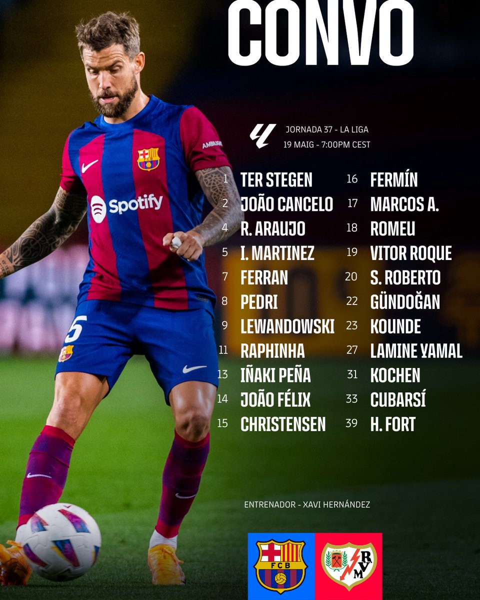 #LaLiga #J37 FC Barcelona 

Convocatoria de <a href="/FCBarcelona_es/">FC Barcelona</a> ante <a href="/RayoVallecano/">Rayo Vallecano</a>