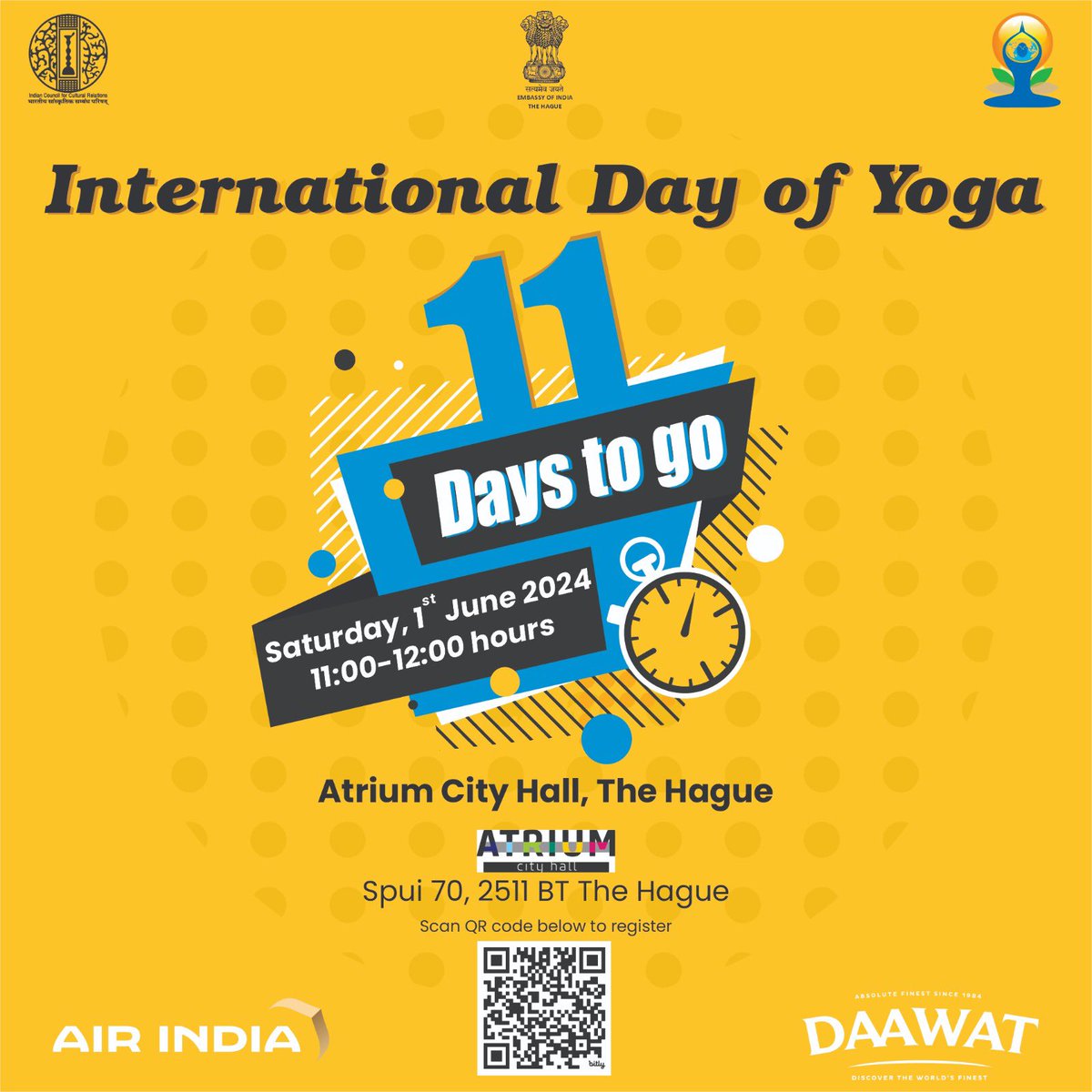 Let's celebrate our journey towards a healthy mind & a healthy body. Join us for the 10th #InternationalDayofYoga2024 on Saturday, 1st June @AtriumCityHall @GemeenteDenHaag #countdown We encourage to carry your own yoga mat. Register @ bit.ly/4b7fWIY or scan QR code👇