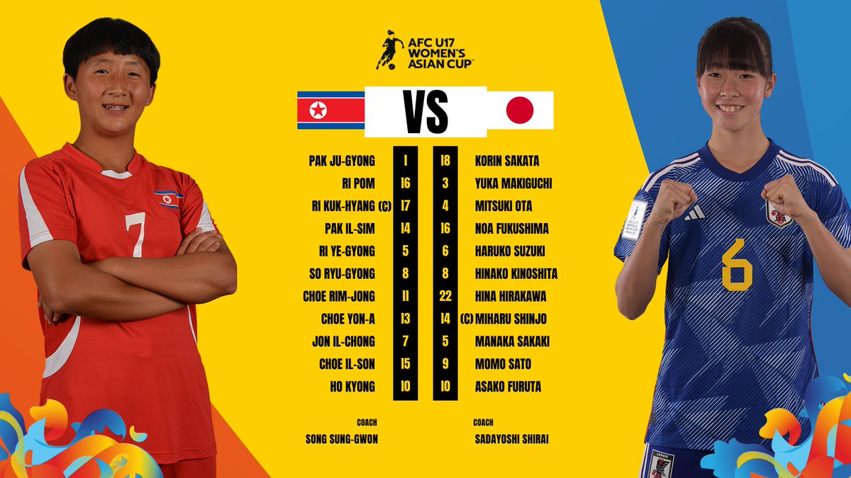 📋 LINE UPS | 🇰🇵 DPR Korea 🆚 Japan 🇯🇵 A clash of the finest to decide who will be labeled the 𝗕𝗘𝗦𝗧! Watch Live 📺 gtly.to/0wUF3L0uo #U17WAC | #PRKvJPN